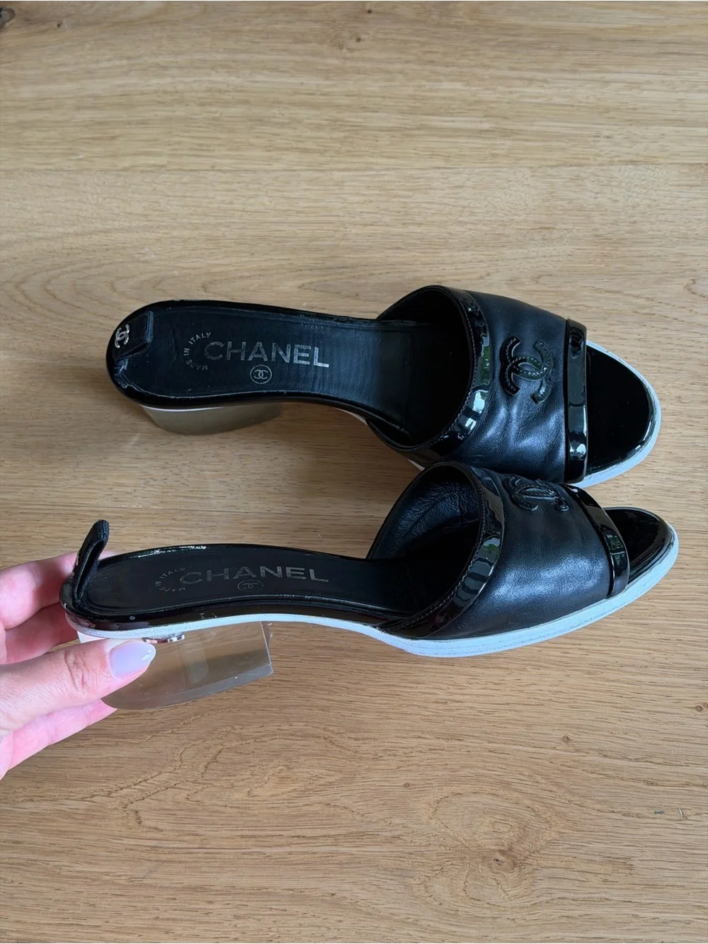 CHANEL Black Patent & Leather Open-Toe Mules POV sandals